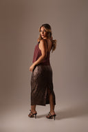 Saia Midi com Fenda Paetê Marrom Fosco - TYNA - foto 5