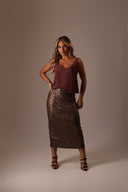 Saia Midi com Fenda Paetê Marrom Fosco - TYNA - foto 4