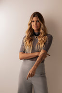 Blusa Tule Gola Alta Cinza Aço Meia Manga - TYNA - foto 3